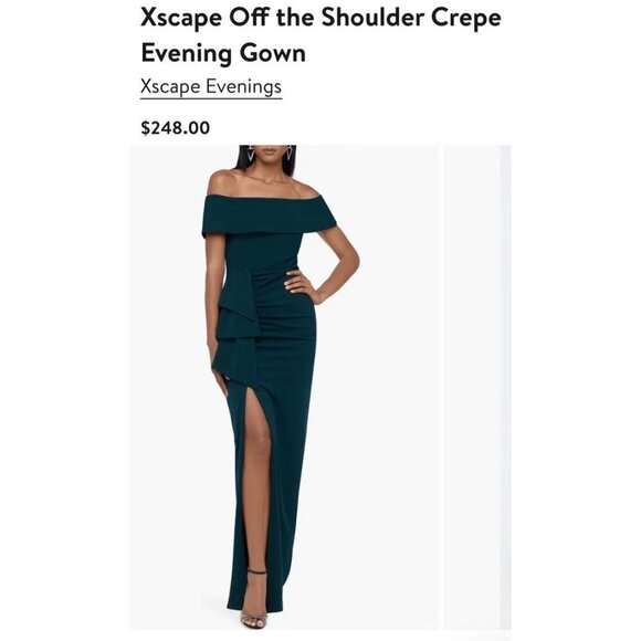 $248 XSCAPE Womens Green Gown Short Sleeve Off Shoulder Maxi Evening Dress 4 - Picture 2 of 9